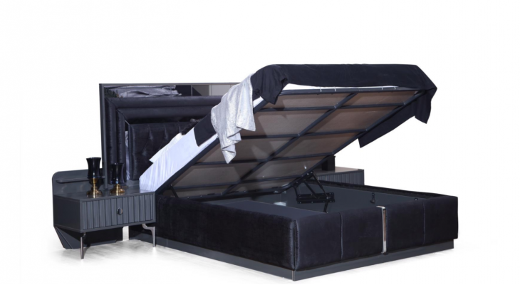 Set de chambre noire Complète de luxe Complet Lit double Tables de chevet 4 pièces