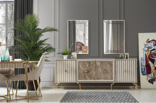 Meubles de salle à manger de luxe Table à manger 6 chaises Buffet Miroir 10 pièces neuf
