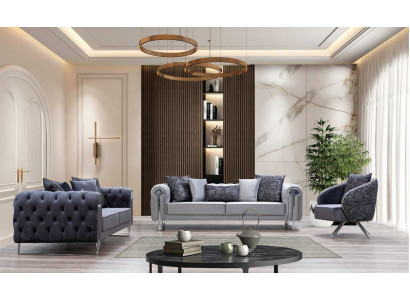 Meubles de salon confortables et modernes: deux canapés trois places et un fauteuil d'une place.