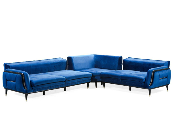 Canapé d'angle rembourré en forme de L de designer en bleu avec revêtement textile pour le salon.