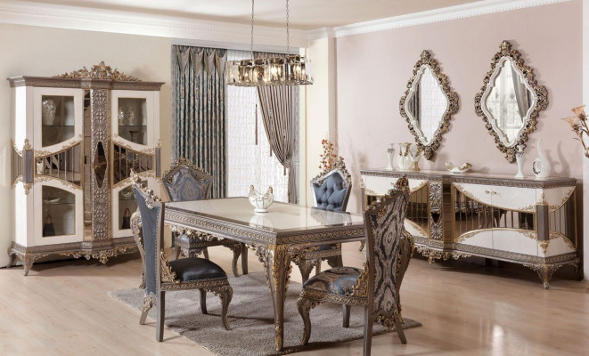 Suite de salle à manger de luxe blanche. Mobilier de salle à manger comprenant table, chaises et miroir.