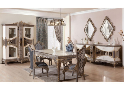 Suite de salle à manger de luxe blanche. Mobilier de salle à manger comprenant table, chaises et miroir.