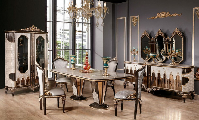 Classique Blanc - Ensemble salle à manger doré Table à manger 6x Chaises Commode