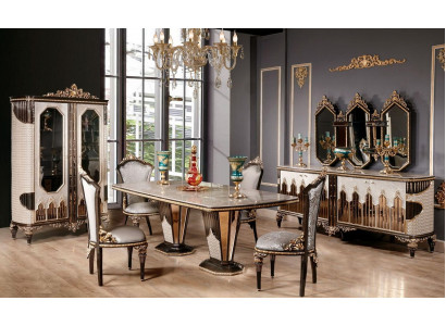 Classique Blanc - Ensemble salle à manger doré Table à manger 6x Chaises Commode