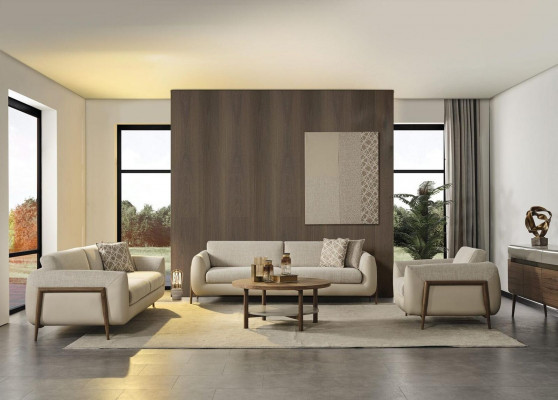 Canapés de luxe, canapé rembourré beige complet et fauteuil trois places assorti, ensemble de trois canapés.
