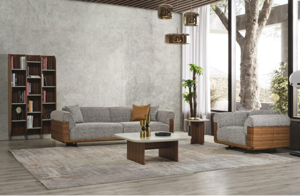 Canapé rembourré gris complet et fauteuil moderne trois places 2 pièces