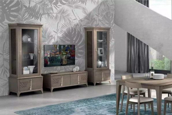 Ensemble mural TV classique Bas de meuble de salon Vitrine Buffet Gris 3 pièces.