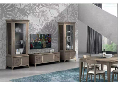 Ensemble mural TV classique Bas de meuble de salon Vitrine Buffet Gris 3 pièces.