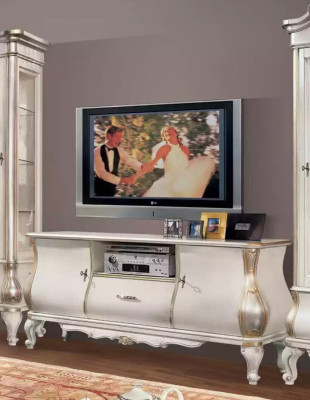 Ensemble de meuble TV murale blanc classique avec 2 armoires vitrines et une garde-robe en 3 pièces.