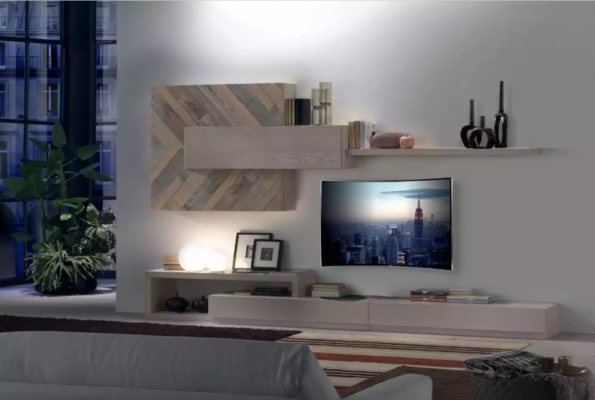 Meuble télévision bas, étagères murales, salon, luxueux, buffet bas, gris, neuf