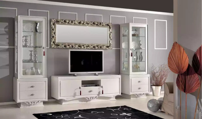 Bahut TV italien pour salon 2x vitrine bahut télé de luxe blanc