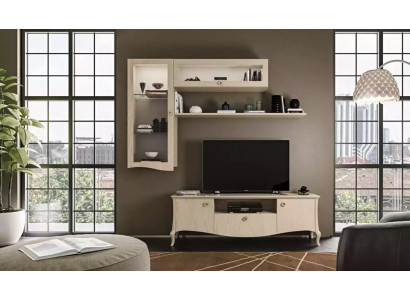 Meuble TV de luxe pour salon, buffet TV, étagères murales, unité murale beige.