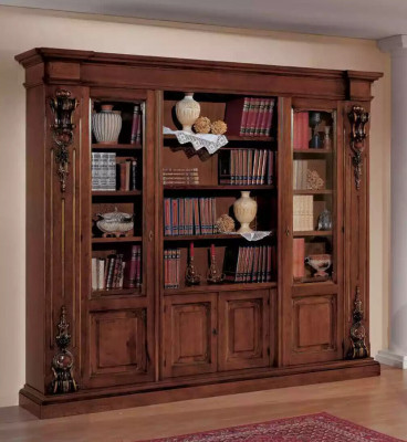 Grande étagère brune de luxe, vitrine en bois, meuble en bois massif.
