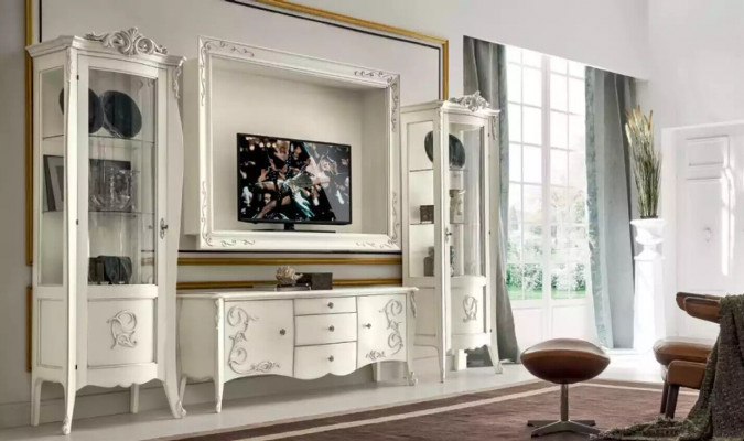 Style classique unité murale blanche basse 2x vitrine cadre TV groupe nouvel