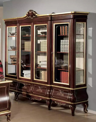 Étagère classique marron avec tiroirs et portes en verre en bois massif. Meubles