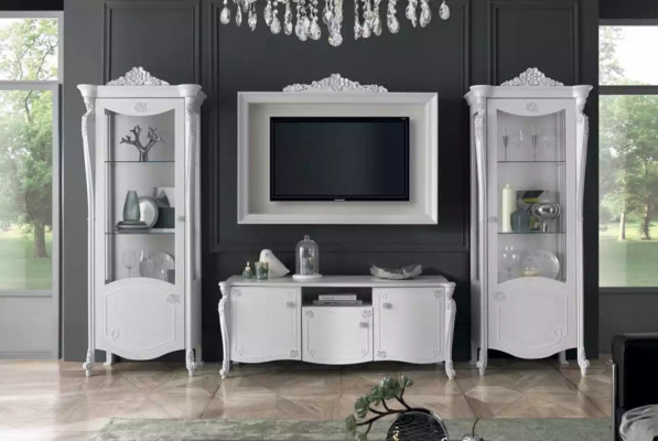 Unité murale Blanc Style Design Meuble bas TV Cadre en verre Armoire TV nouveau