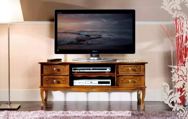 Meuble TV classique en bois brun de luxe avec tiroirs, armoire TV basse en bois.