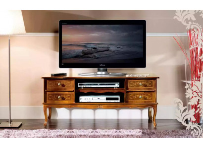 Meuble TV classique en bois brun de luxe avec tiroirs, armoire TV basse en bois.