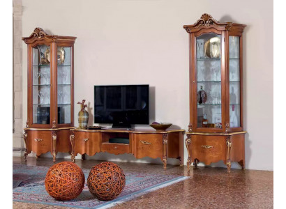 Meuble bas TV classique de luxe avec 2 vitrines, mobilier de salon, unité murale en bois.
