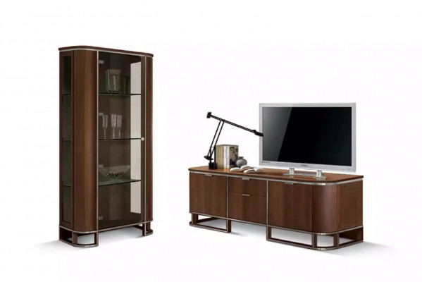 Meuble TV mur support télévision buffet bas brun brillant vitrine