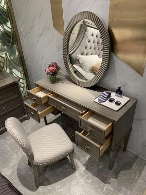 Coiffeuse Miroir Tabouret de luxe Ensemble complet de chambre à coucher 3 pièces Consoles en bois