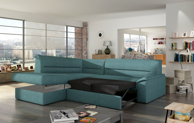 Canapé d'angle design Elano en forme de L avec fonction lit en cuir et tissu - Canapés