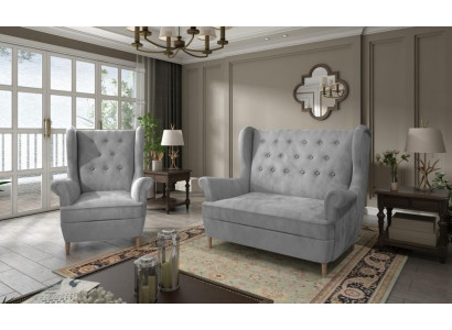 Canapé Chesterfield en tissu gris ensemble de 2+1 places en velours rembourré