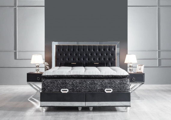 Ensemble de chambre à coucher Lit en métal noir 2x Tables de chevet Luxe neuf 3 pièces.