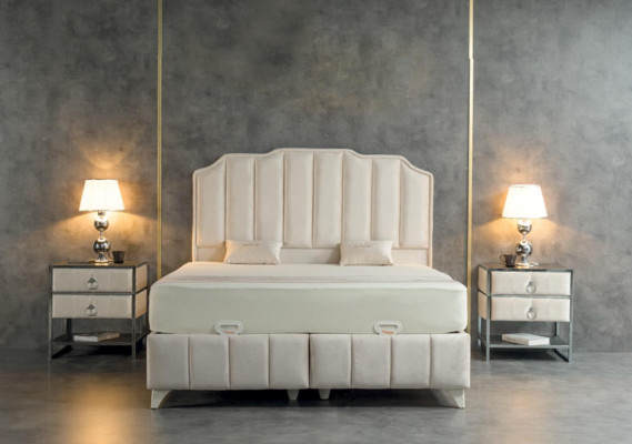 Ensemble de chambre à coucher beige Lit en métal de luxe 2x Tables de chevet élégantes en 3 pièces