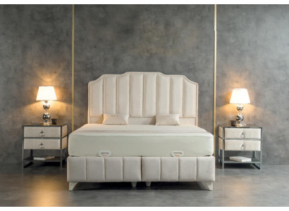 Ensemble de chambre à coucher beige Lit en métal de luxe 2x Tables de chevet élégantes en 3 pièces