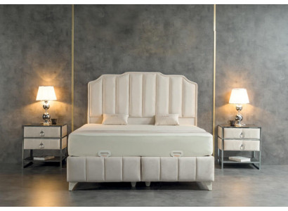 Ensemble de chambre à coucher beige Lit en métal de luxe 2x Tables de chevet élégantes en 3 pièces