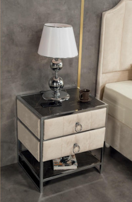 Ensemble de chambre à coucher beige Lit en métal de luxe 2x Tables de chevet élégantes en 3 pièces
