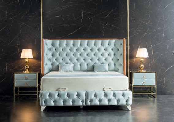 Ensemble de chambre Blanc Lit en métal Chesterfield Style de luxe 2x tables de chevet 3 pièces.