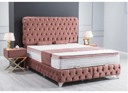 Lit Boxspring Rose Chesterfield Design élégant Luxe 2x Tables de chevet 3 pièces.