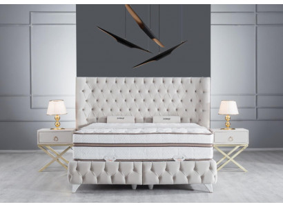 Ensemble de chambre Blanc Lit Boxspring Chesterfield Élégants 2x Tables de nuit 3 pièces.