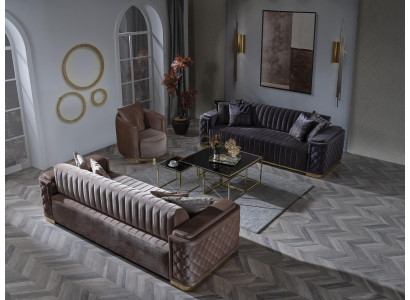 Ensemble canapé Chesterfield en velours, composé de 3 pièces. Suite Sofa Canapé en Velours