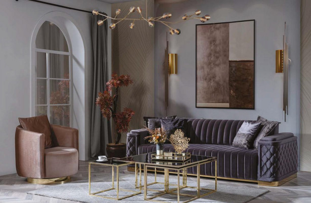 Ensemble canapé Chesterfield en velours, composé de 3 pièces. Suite Sofa Canapé en Velours
