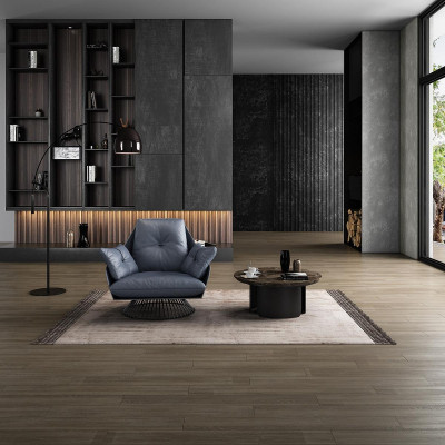 Fauteuil design gris en métal relax club lounge, assise individuelle, tissu d'ameublement en cuir