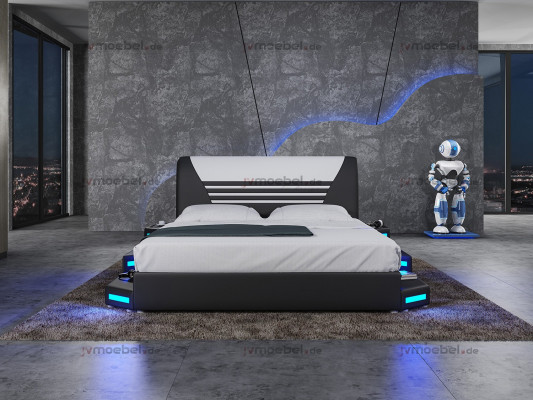 Lits Lit double design élégant Meubles rembourrés Cuir Blanc 180x200 nouveau