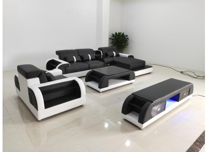 Coin de canapé en cuir canapé d'angle en cuir Suite de salon, design moderne, forme en L, table basse.