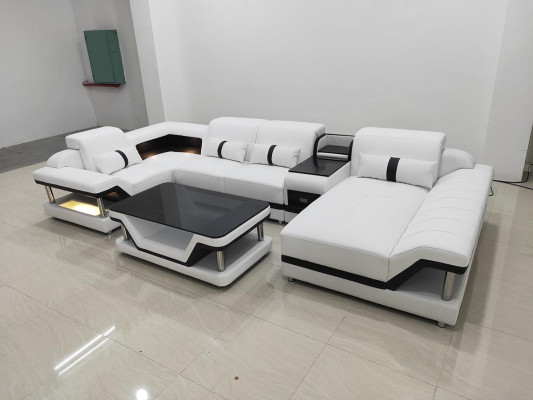 Canapé d'angle en U Table basse Ensemble rembourré Suite paysage vivant Design Canapé d'angle Led usb