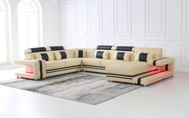 Revêtement en cuir Modèle de siège en cuir Canapé d'angle moderne Ensemble de salon en forme de U Paysage de vie USB LED