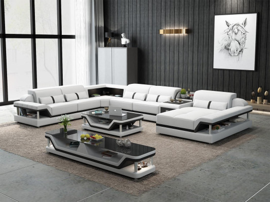 Canapé d'angle beige avec table basse 2 pièces. Ensemble canapé en cuir pour salon avec table d'appoint.