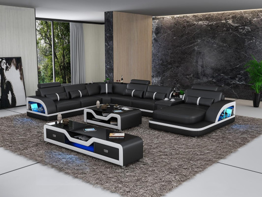 Canapé d'angle noir avec table basse, 2 pièces. Ensemble de canapés en cuir pour le salon avec table d'angle.
