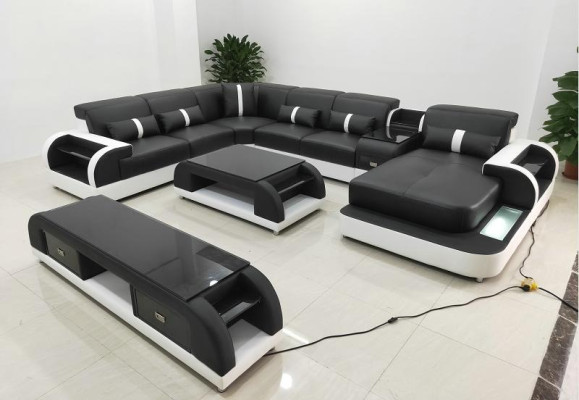 Suite de design Canapé d'angle Canapé Canapé en forme de U Table basse en cuir 2 pièces