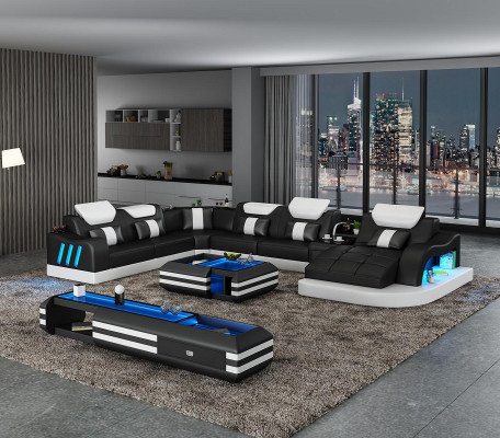 Canapé d'angle en forme de U Table basse Ensemble de rembourrage Suite Paysage vivant Design Canapé d'angle Led