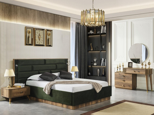 Lit de luxe 2 tables de chevet Coiffeuse Ensemble de chambre à coucher 4 pièces