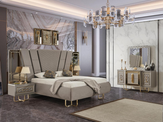 Mobilier de chambre de villa Lit Lit double 2x tables de chevet Commode Miroir 5 pièces