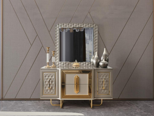 Mobilier de chambre de villa Lit Lit double 2x tables de chevet Commode Miroir 5 pièces