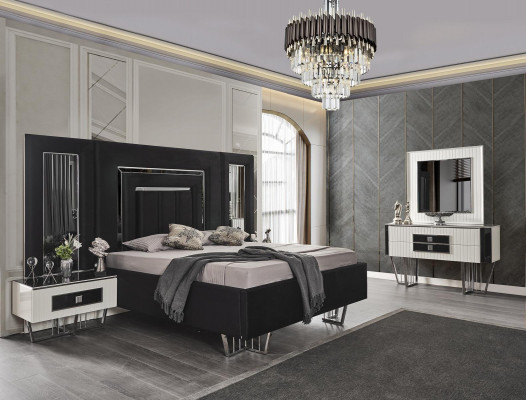 Meubles de chambre à coucher Lit de luxe Textile avec Tables de nuit Commode Miroir 5 pièces